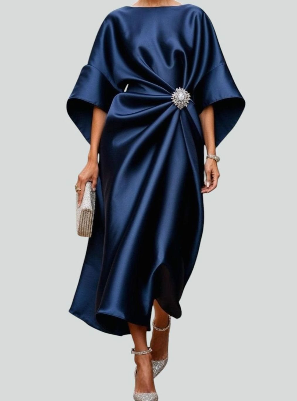 Women's Satin Batwing-Sleeve Draped Brooch-Waist Midi Dress - Navy Blue