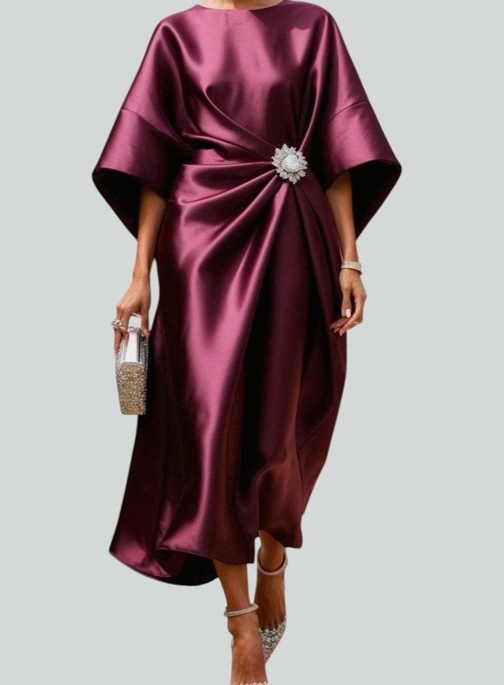 Women's Satin Batwing-Sleeve Draped Brooch-Waist Midi Dress - Red
