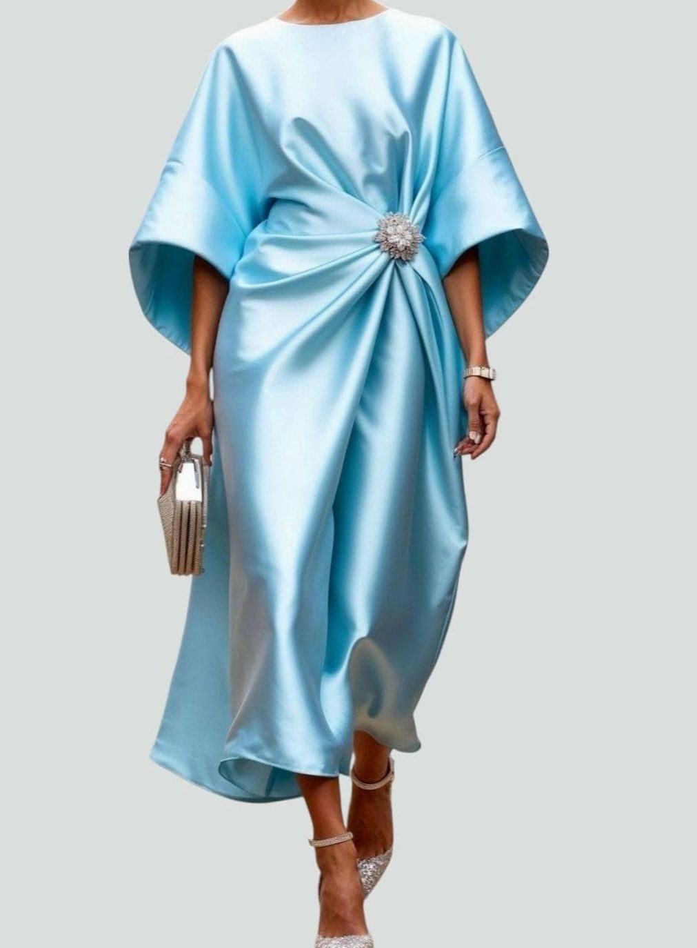 Women's Satin Batwing-Sleeve Draped Brooch-Waist Midi Dress - Light Blue