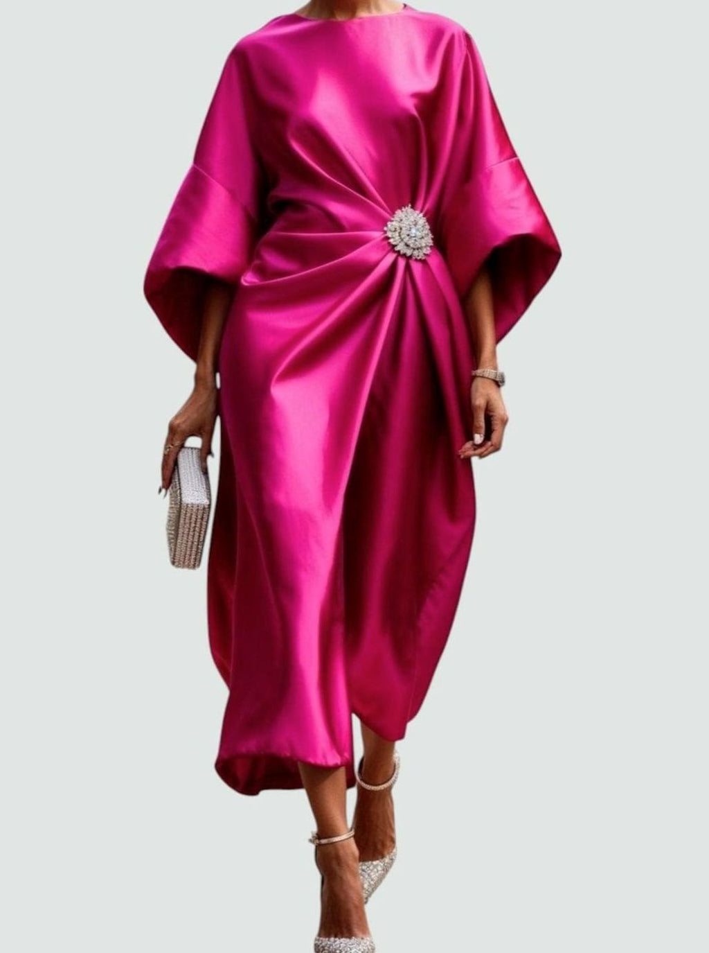 Women's Satin Batwing-Sleeve Draped Brooch-Waist Midi Dress - Pink