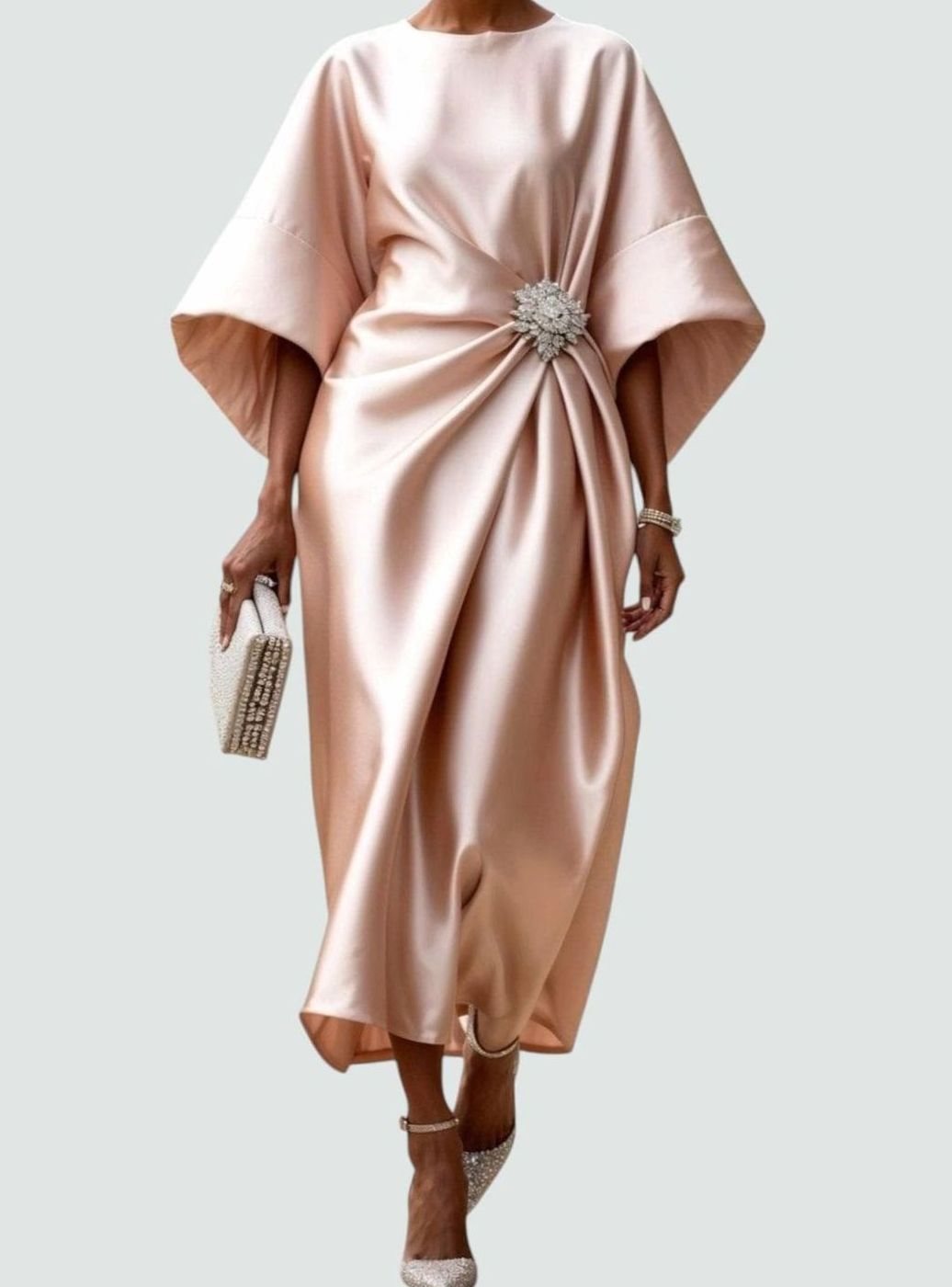 Women's Satin Batwing-Sleeve Draped Brooch-Waist Midi Dress - Beige