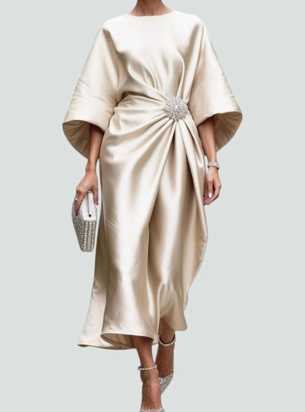 Women's Satin Batwing-Sleeve Draped Brooch-Waist Midi Dress - Khaki