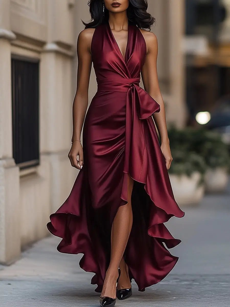 Women's Satin Halter Cocktail Party Dress Ruffle High-Low Wrap - Burgundy