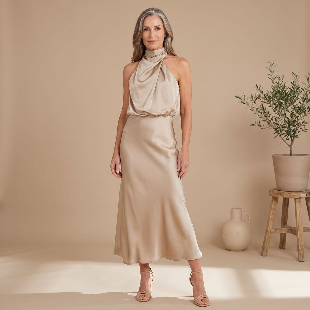 Women's Satin Halter Draped High-Neck Midi Dress - Light Brown