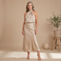 Women's Satin Halter Draped High-Neck Midi Dress - Light Brown