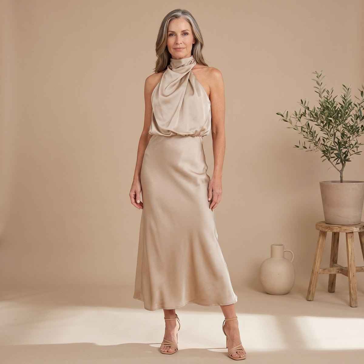 Women's Satin Halter Draped High-Neck Midi Dress - Light Brown