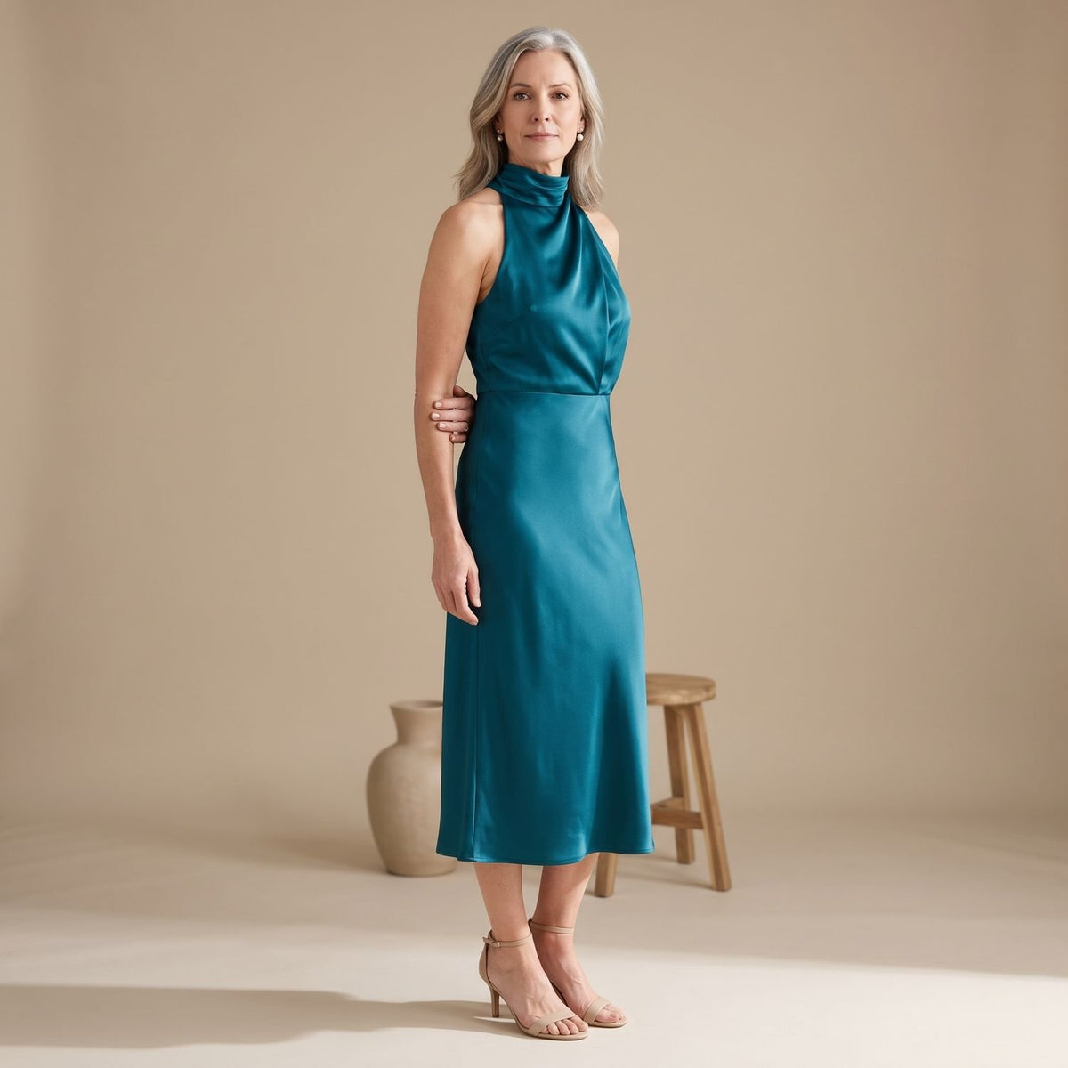 Women's Satin Halter Draped High-Neck Midi Dress
