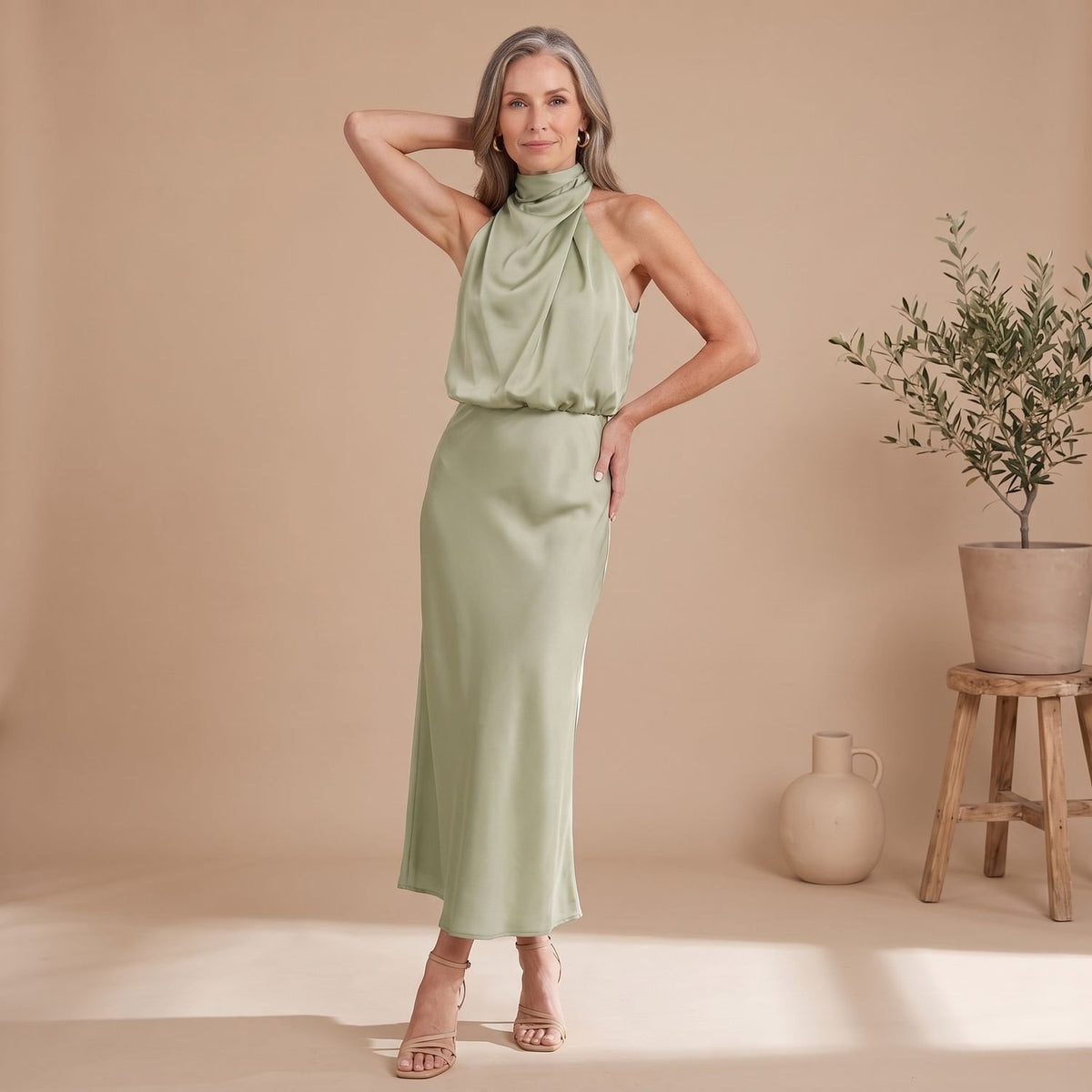 Women's Satin Halter Draped High-Neck Midi Dress - Light Green