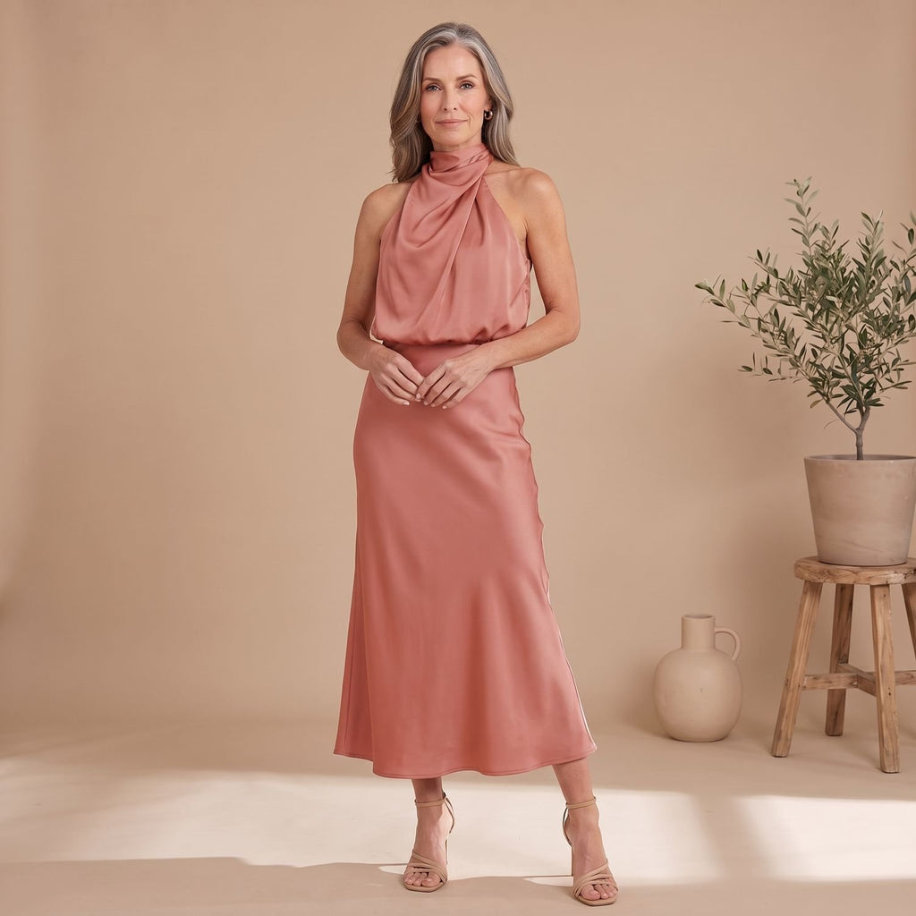 Women's Satin Halter Draped High-Neck Midi Dress - Salmon