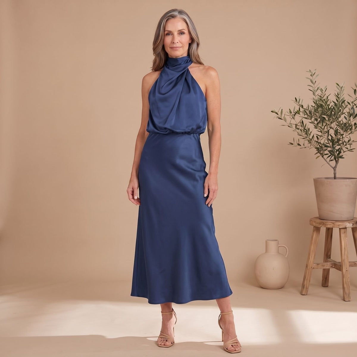 Women's Satin Halter Draped High-Neck Midi Dress - Navy Blue