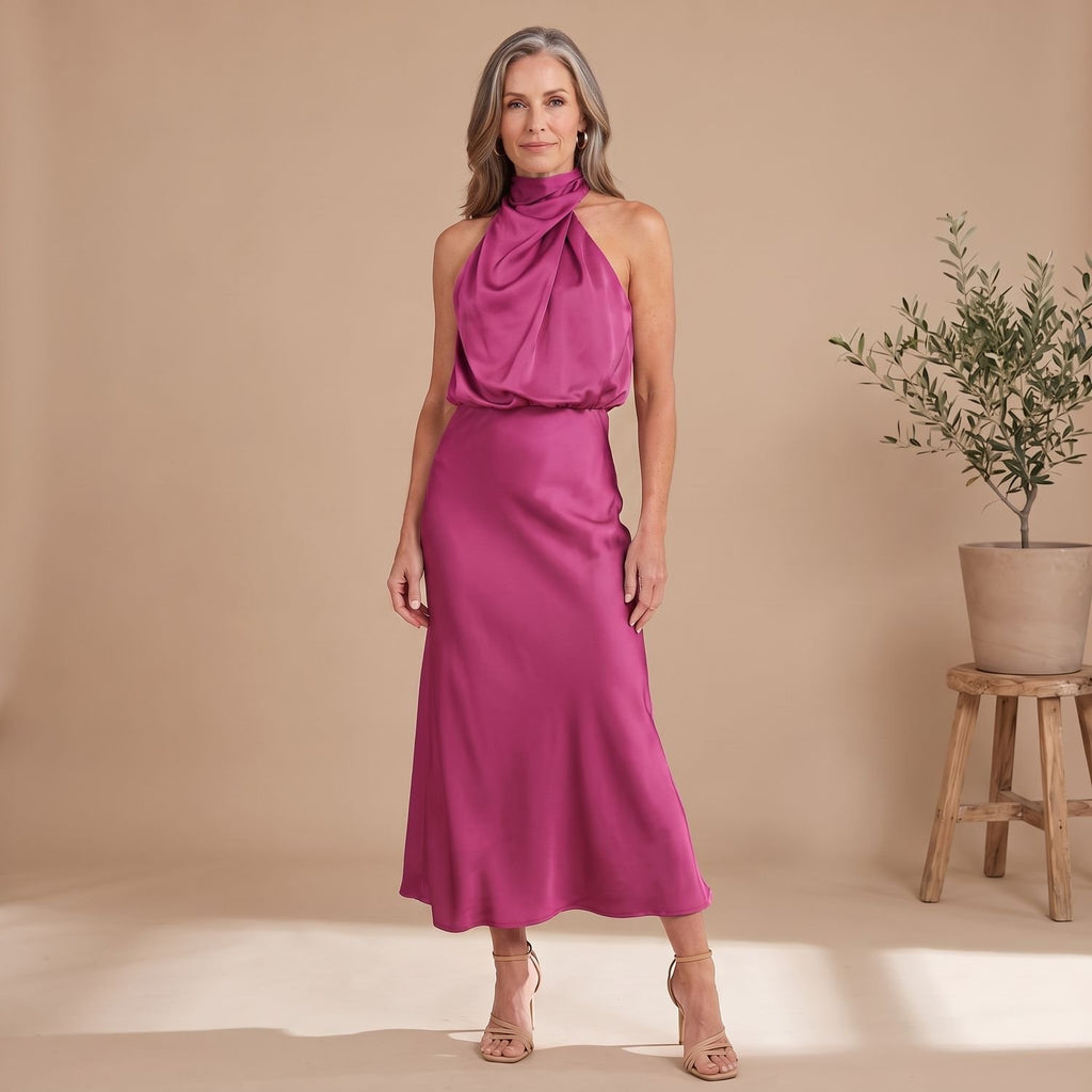 Women's Satin Halter Draped High-Neck Midi Dress - Pink