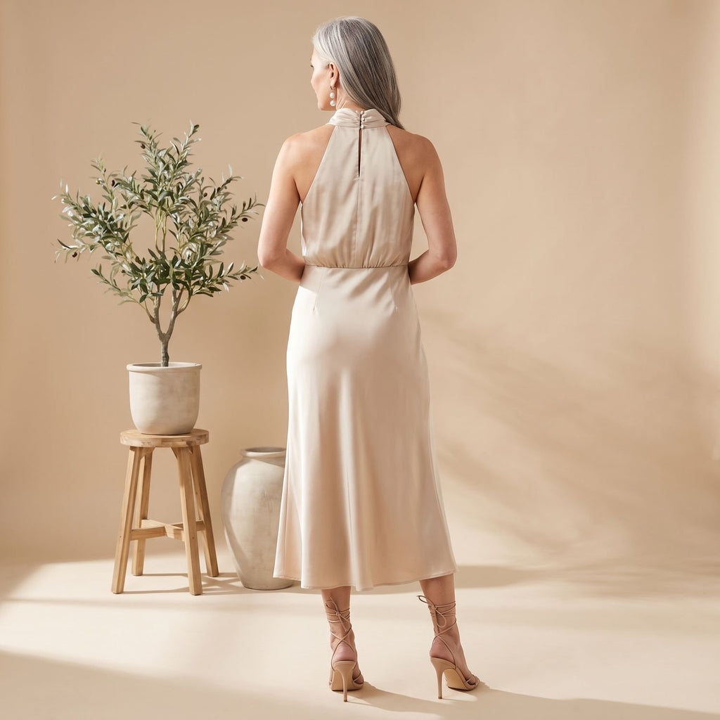 Women's Satin Halter Draped High-Neck Midi Dress