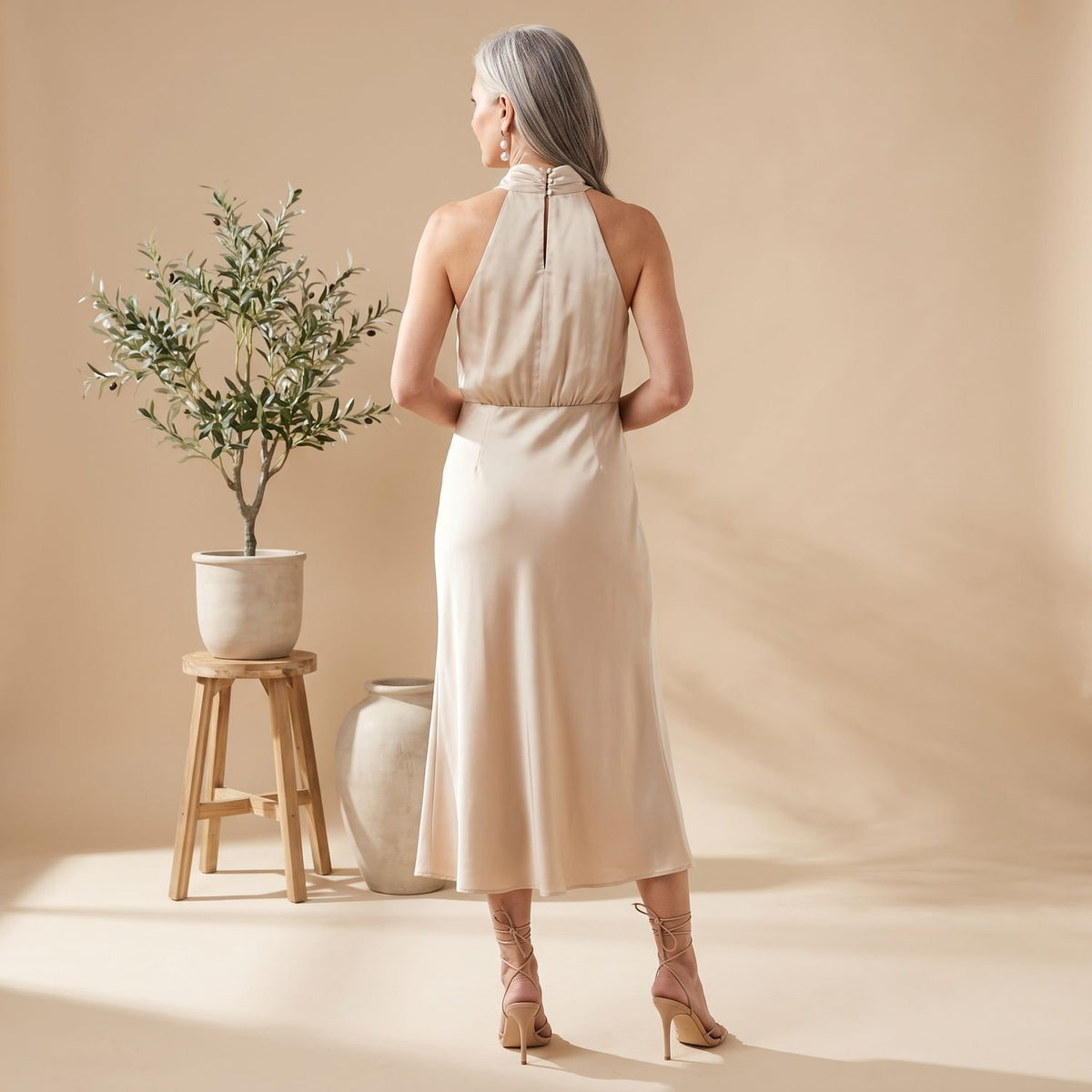 Women's Satin Halter Draped High-Neck Midi Dress