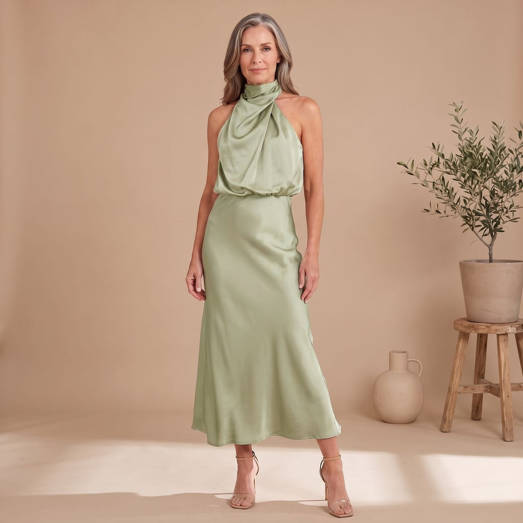 Women's Satin Halter Draped High-Neck Midi Dress