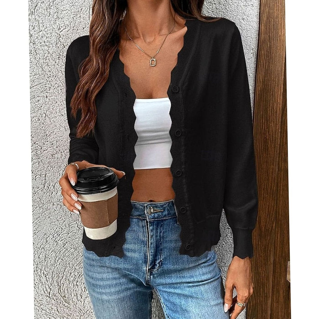 Women's Scalloped-Edge V-Neck Button-Front Knit Cardigan - Black