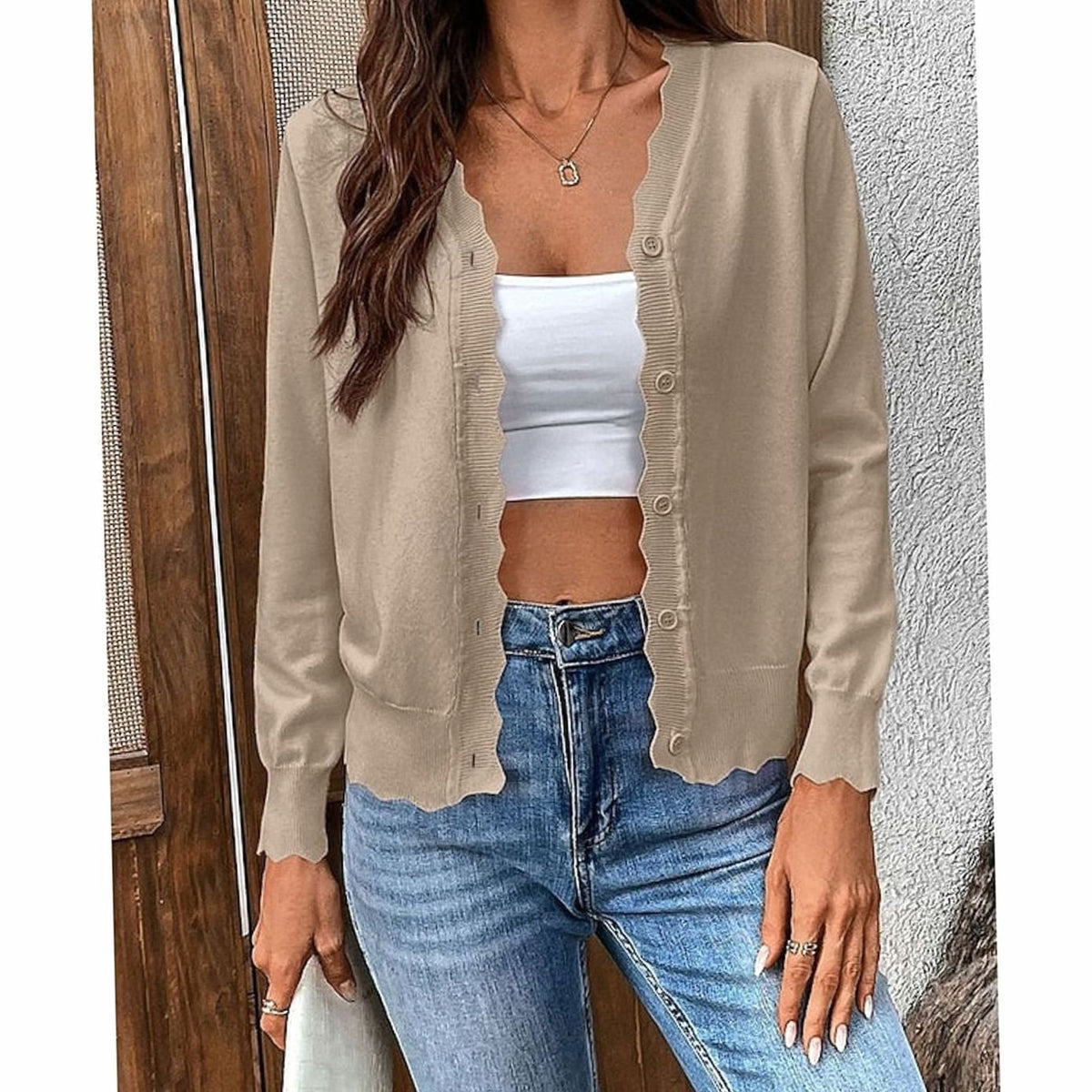 Women's Scalloped-Edge V-Neck Button-Front Knit Cardigan - Khaki