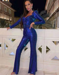 Women's Sequin Belted Wide-Leg Long-Sleeve Evening Jumpsuit - Blue