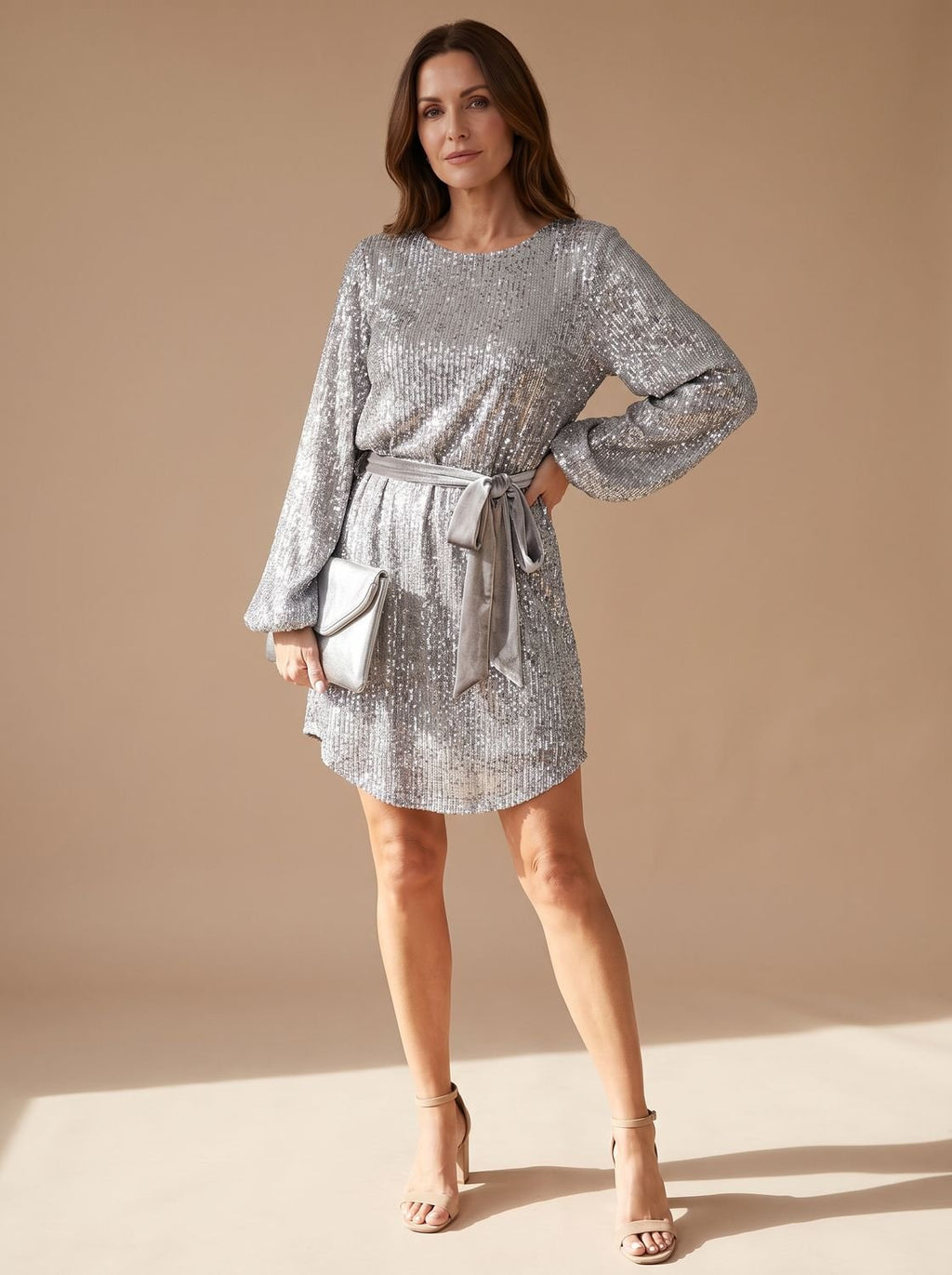 Women's Sequin Christmas Party Dress Balloon Sleeve Belted Mini - Gray