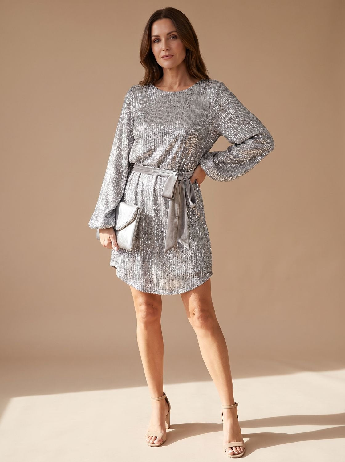Women's Sequin Christmas Party Dress Balloon Sleeve Belted Mini - Gray