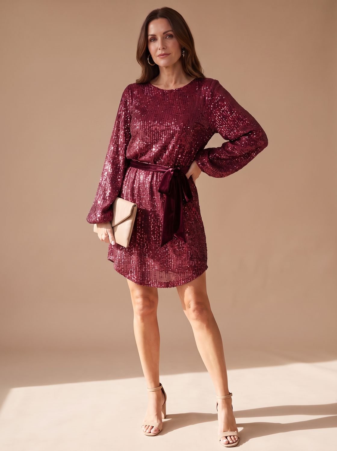 Women's Sequin Christmas Party Dress Balloon Sleeve Belted Mini - Red