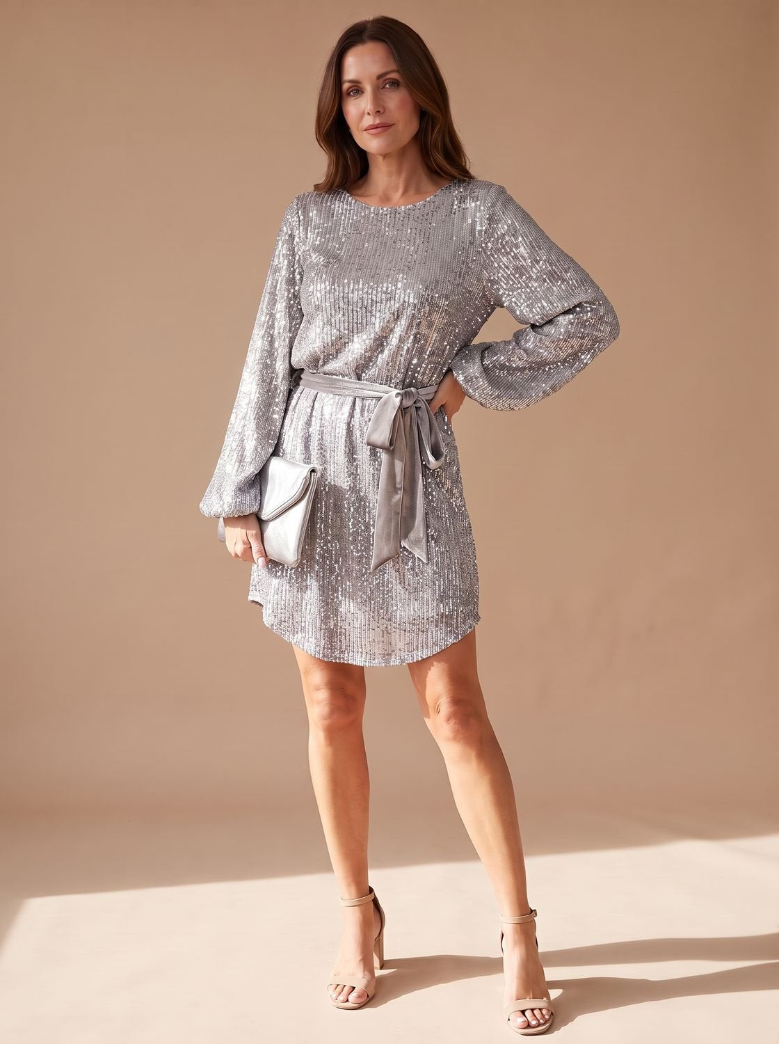 Women's Sequin Christmas Party Dress Balloon Sleeve Belted Mini - White