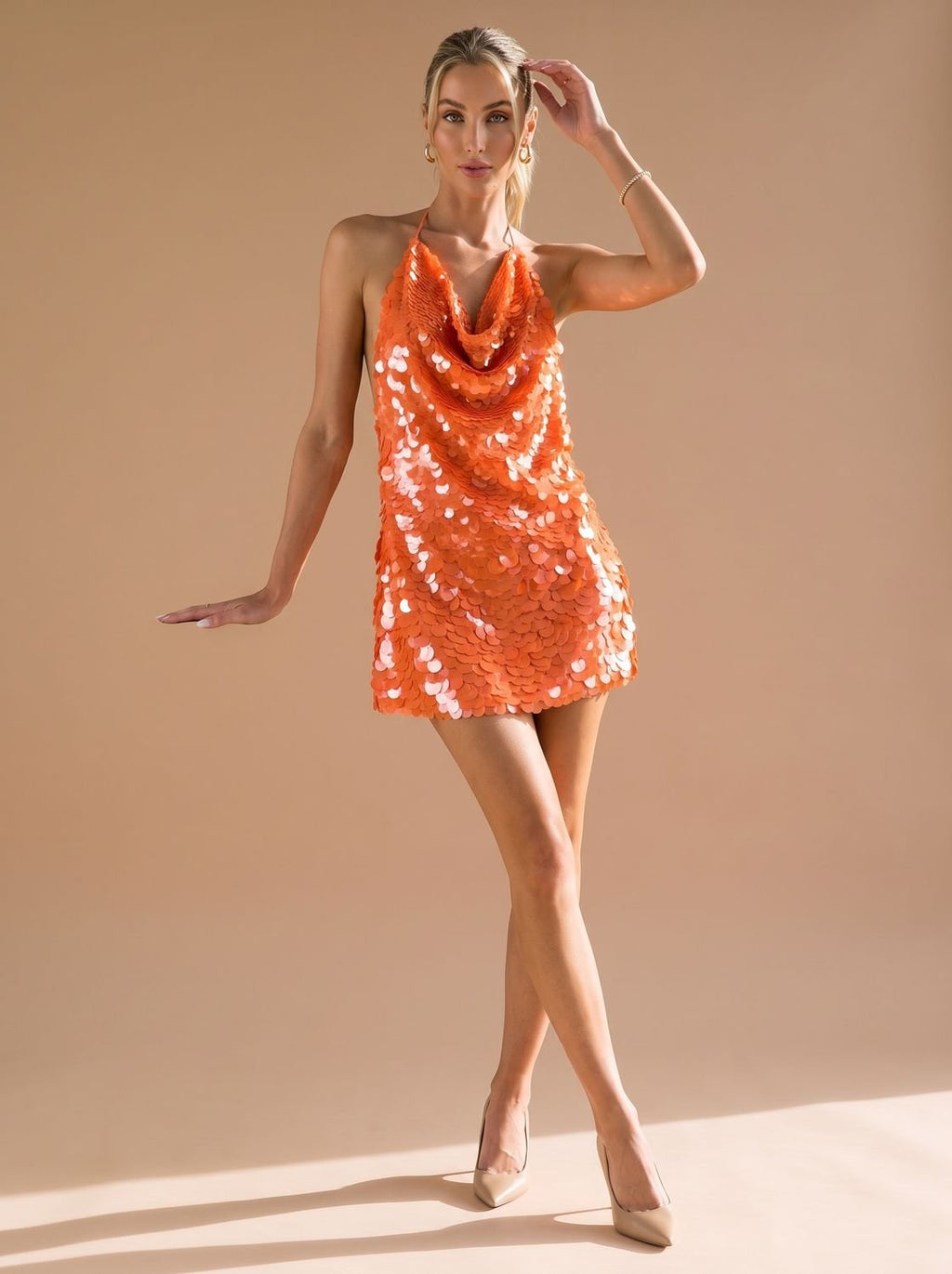 Women's Sequin Cowl-Neck Halter Mini Christmas Party Dress