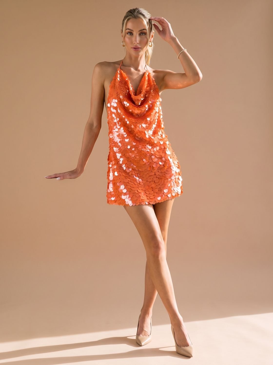 Women's Sequin Cowl-Neck Halter Mini Christmas Party Dress