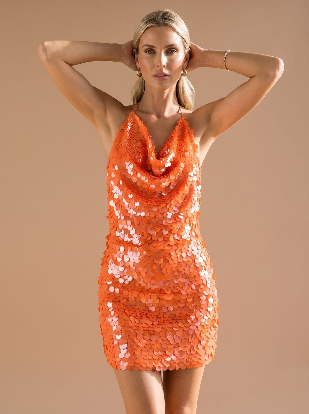Women's Sequin Cowl-Neck Halter Mini Christmas Party Dress - Orange