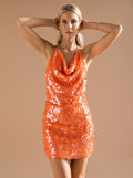 Women's Sequin Cowl-Neck Halter Mini Christmas Party Dress - Orange
