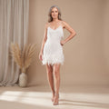 Women's Sequin Dress Spaghetti-Strap Mini Feather-Trim Fringe - White