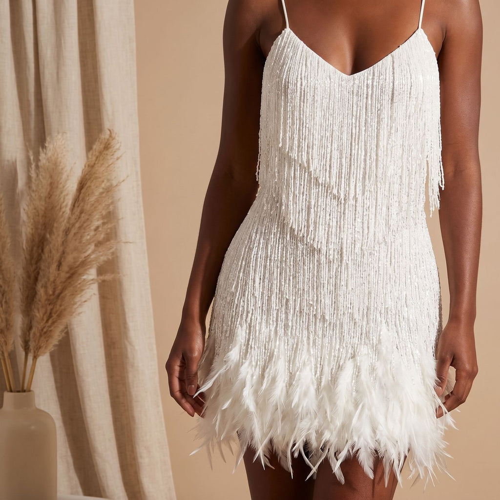 Women's Sequin Dress Spaghetti-Strap Mini Feather-Trim Fringe