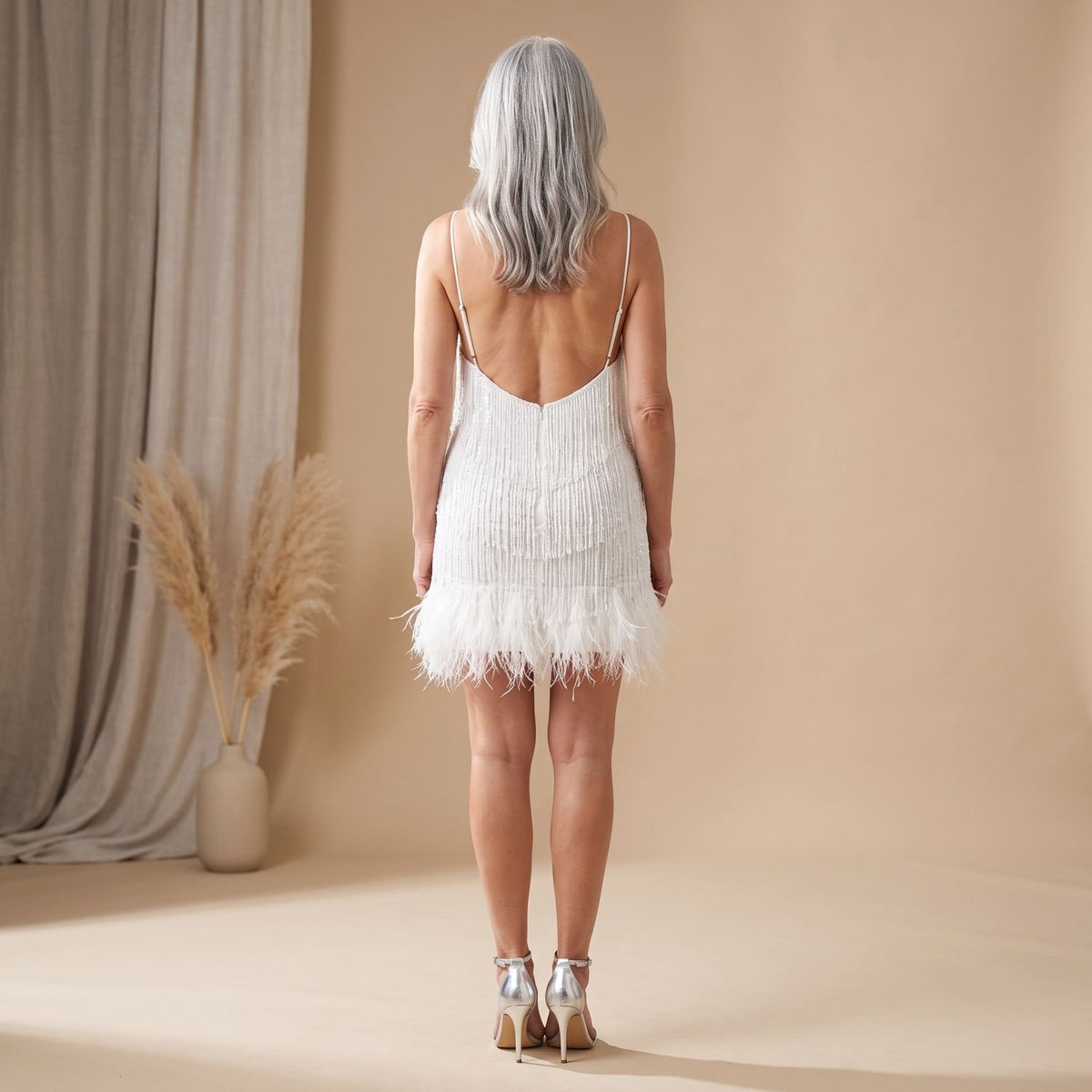 Women's Sequin Dress Spaghetti-Strap Mini Feather-Trim Fringe