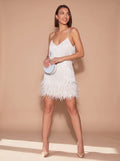 Women's Sequin Feather-Fringe Spaghetti-Strap Formal Mini Dress - White