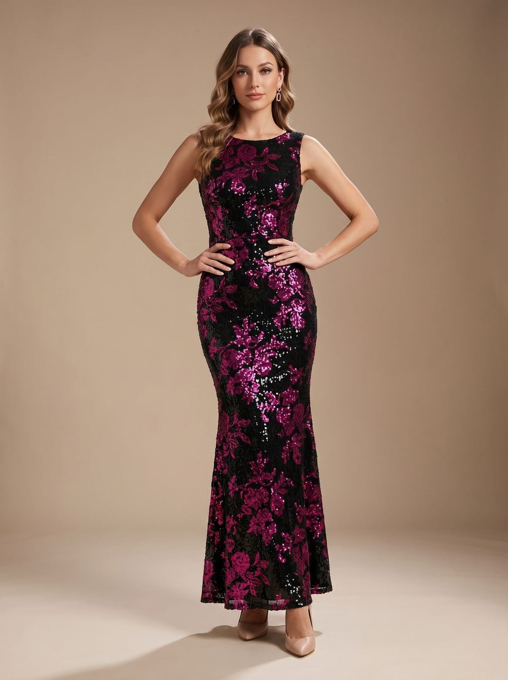 Women's Sequin Floral Christmas Party Dress Sleeveless High-Neck Maxi Gown