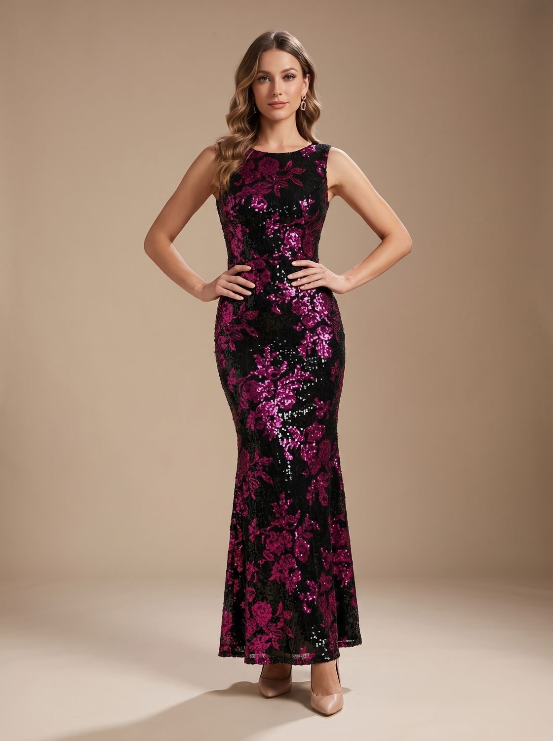 Women's Sequin Floral Christmas Party Dress Sleeveless High-Neck Maxi Gown