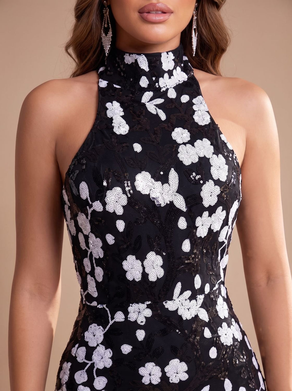 Women's Sequin Floral Christmas Party Dress Sleeveless High-Neck Maxi Gown