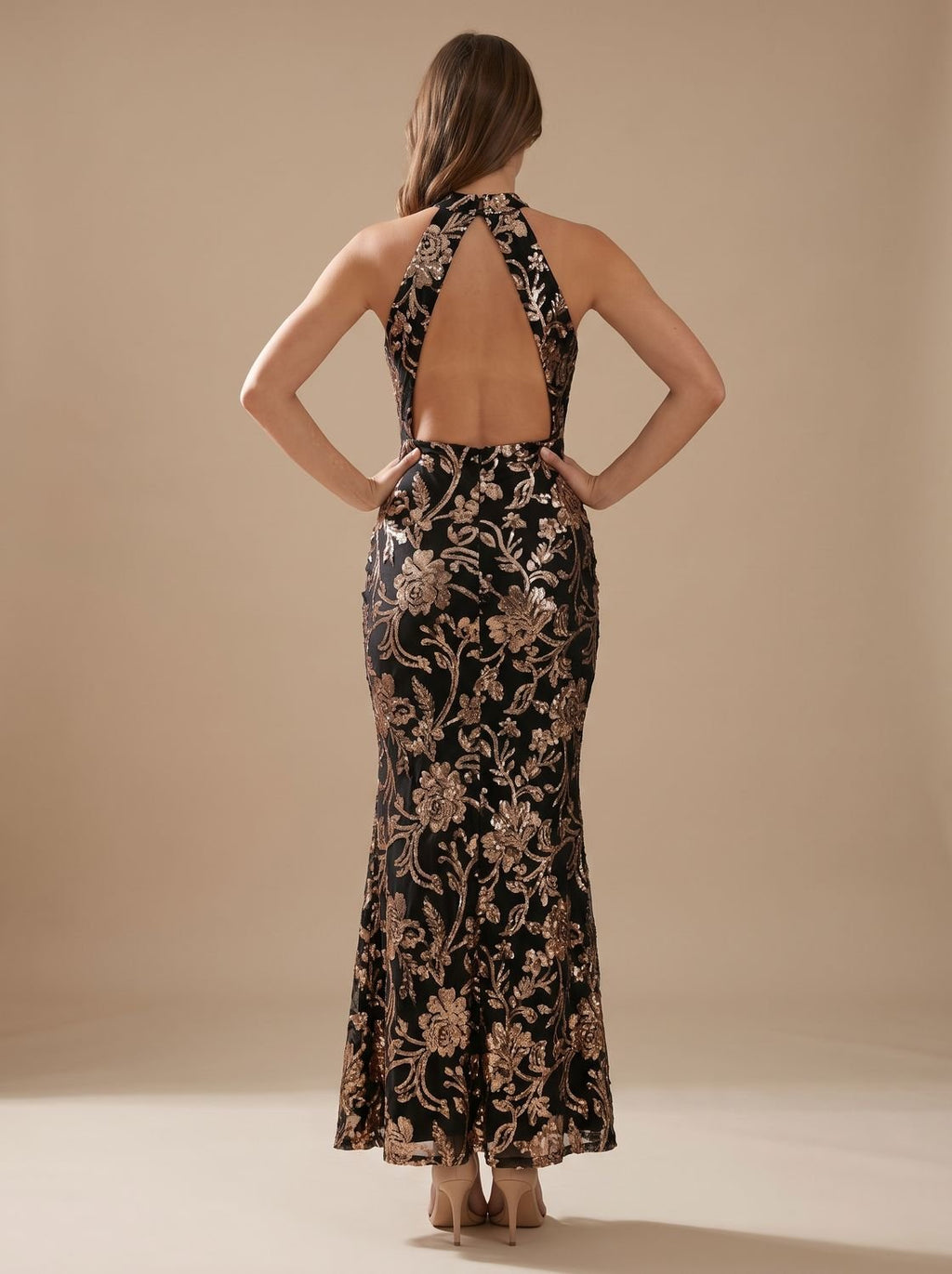 Women's Sequin Floral Christmas Party Dress Sleeveless High-Neck Maxi Gown
