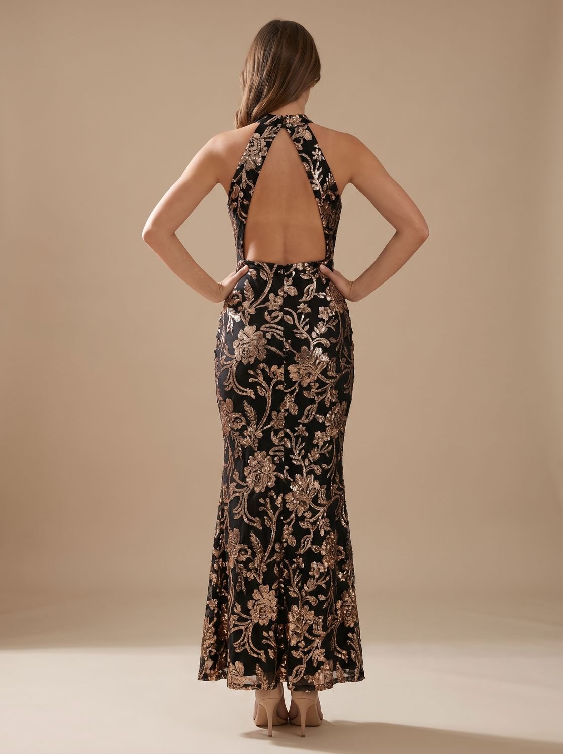 Women's Sequin Floral Christmas Party Dress Sleeveless High-Neck Maxi Gown