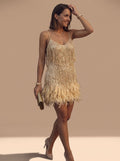 Women's Sequin Fringe Feather-Trim Spaghetti Strap Formal Mini Dress - Gold