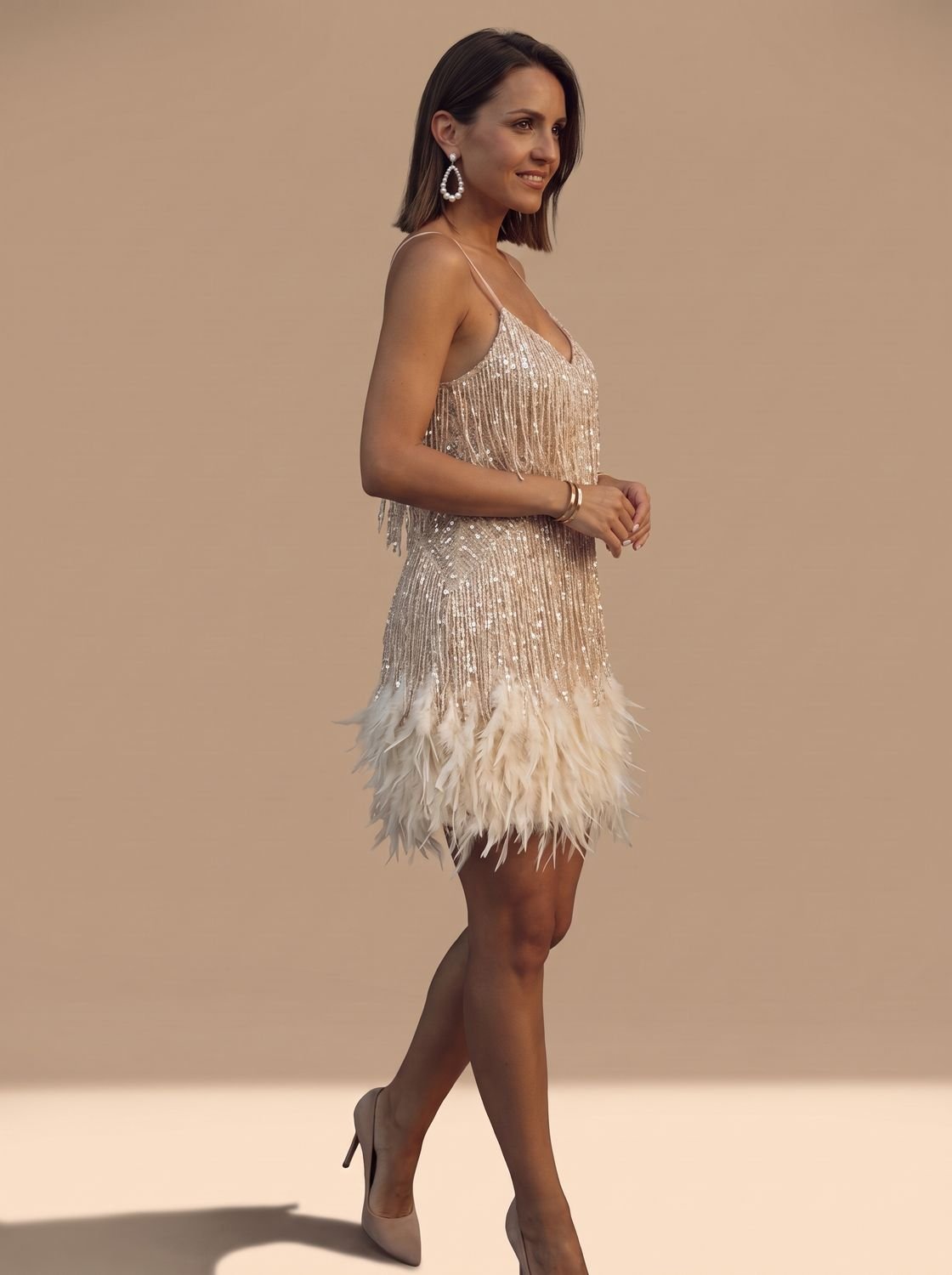 Women's Sequin Fringe Feather-Trim Spaghetti Strap Formal Mini Dress