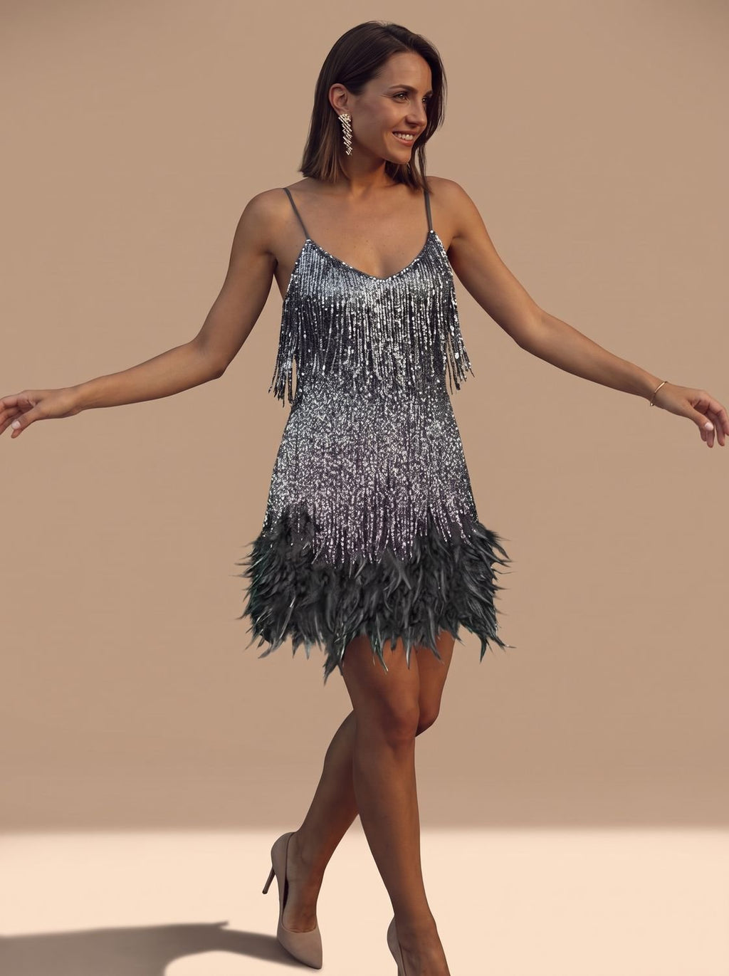 Women's Sequin Fringe Feather-Trim Spaghetti Strap Formal Mini Dress - Black