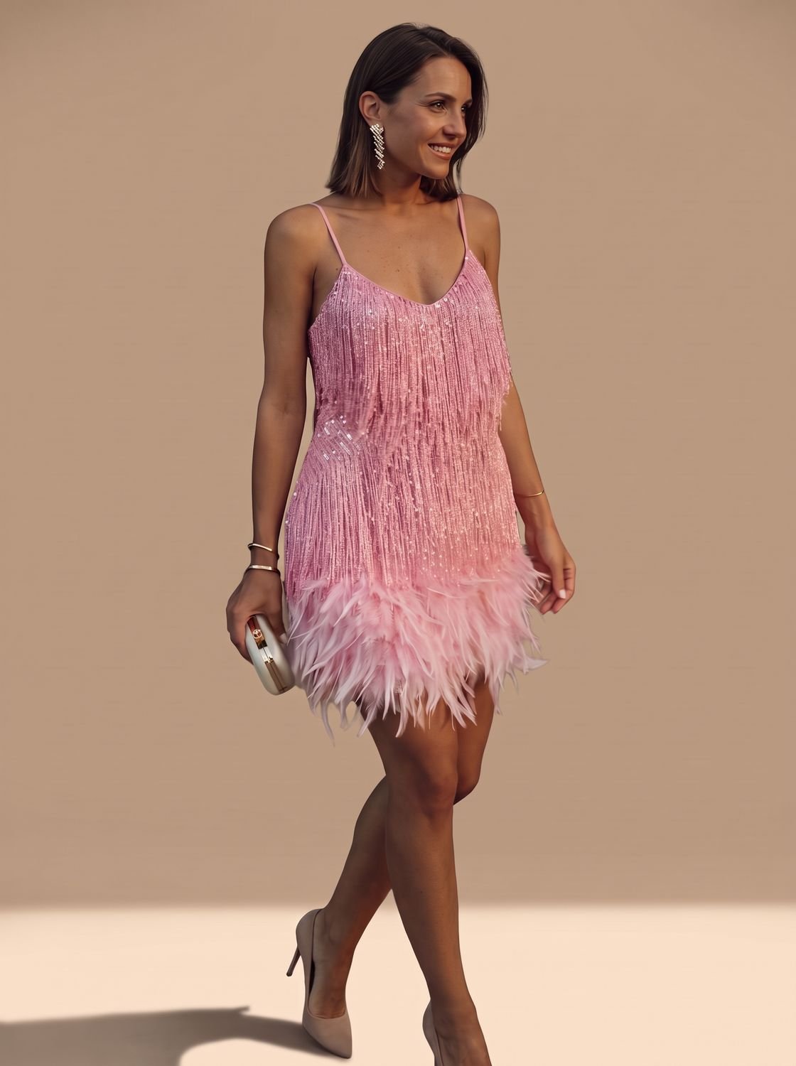 Women's Sequin Fringe Feather-Trim Spaghetti Strap Formal Mini Dress - Pink
