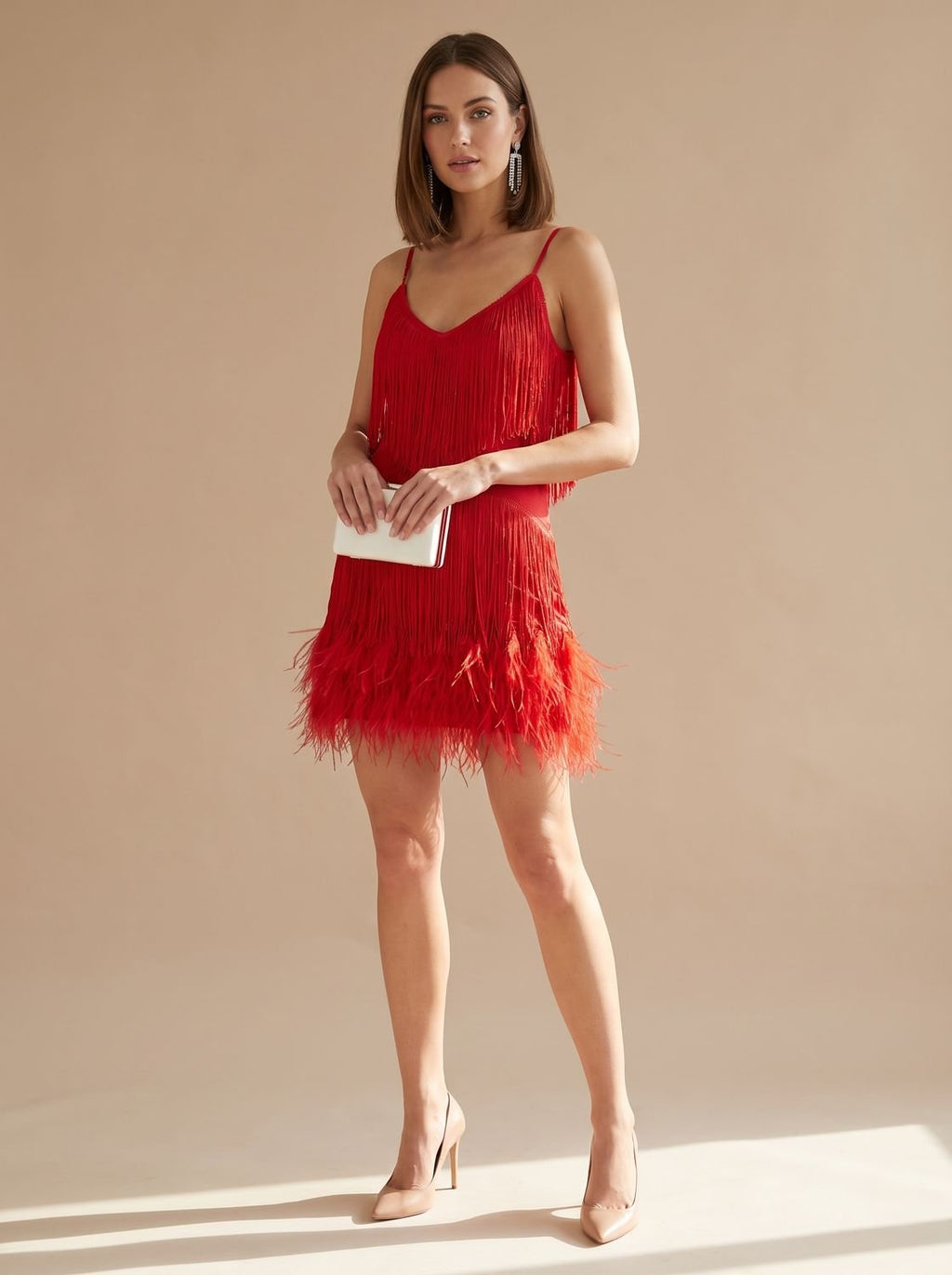 Women's Sequin Fringe Feather-Trim Spaghetti Strap Formal Mini Dress - Red