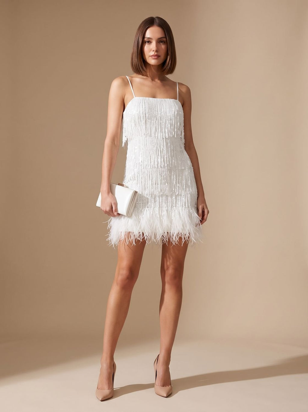 Women's Sequin Fringe Feather-Trim Spaghetti Strap Formal Mini Dress - White
