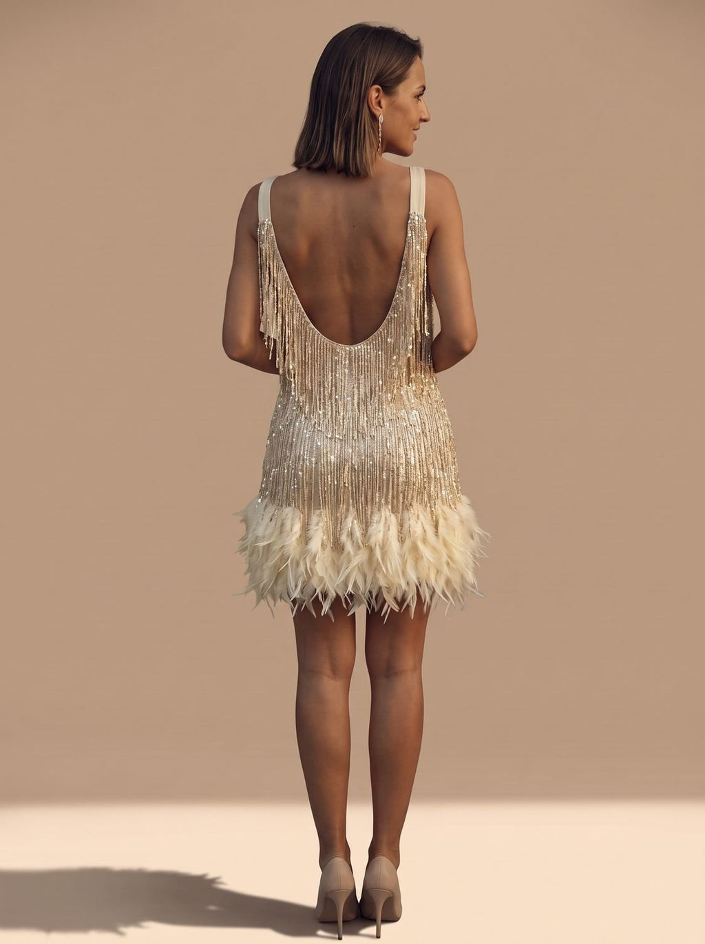 Women's Sequin Fringe Feather-Trim Spaghetti Strap Formal Mini Dress