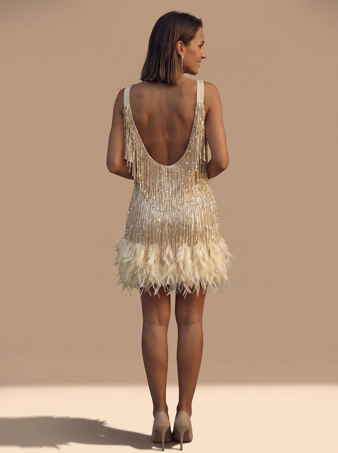 Women's Sequin Fringe Feather-Trim Spaghetti Strap Formal Mini Dress