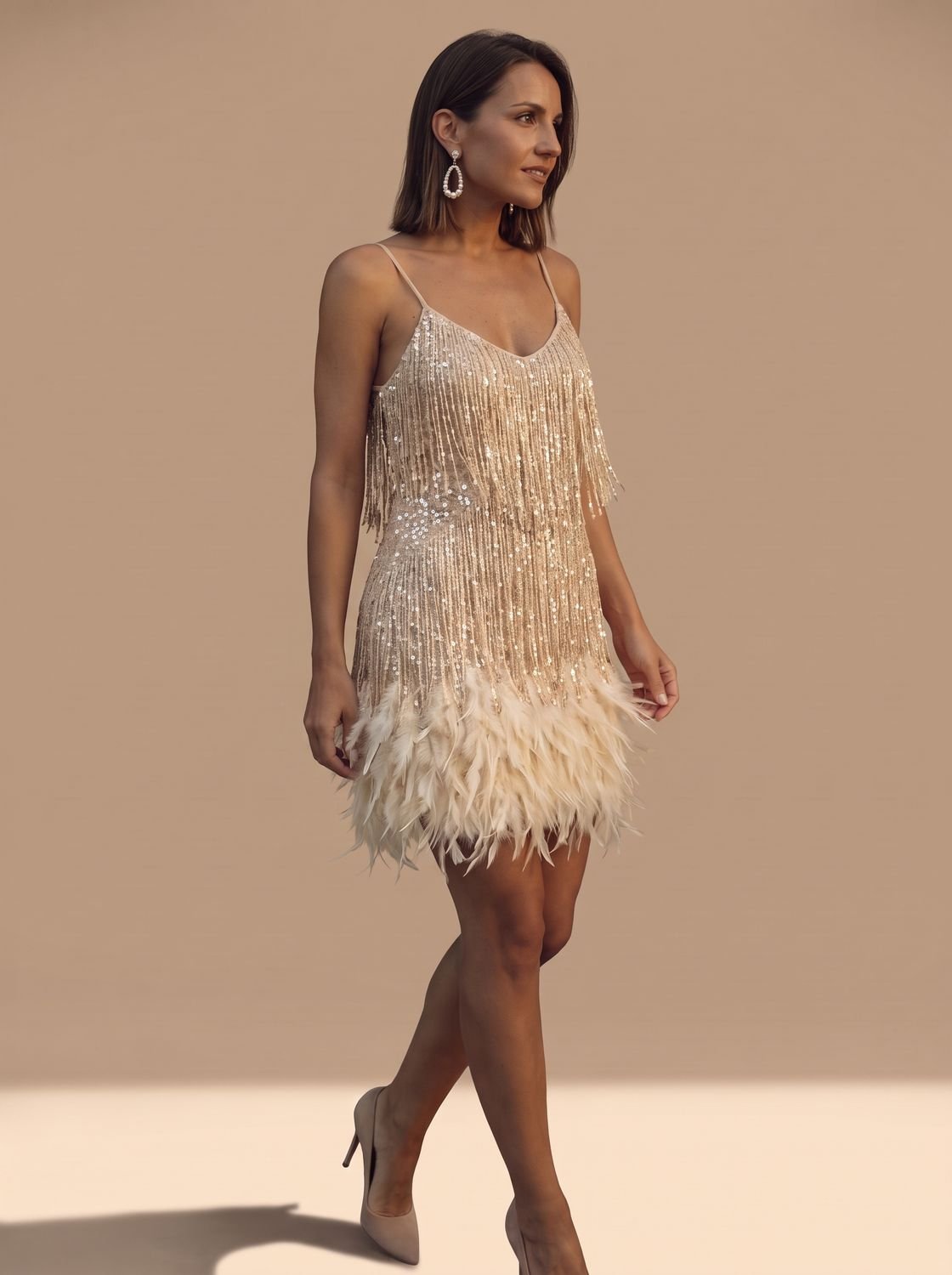 Women's Sequin Fringe Feather-Trim Spaghetti Strap Formal Mini Dress