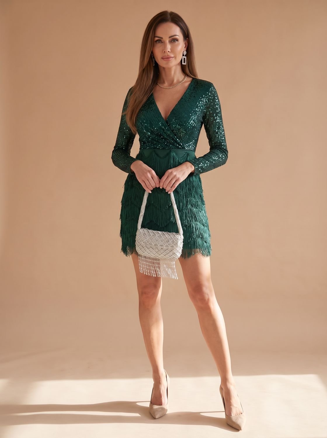 Women's Sequin Fringe Long-Sleeve Christmas Party Dress - Green