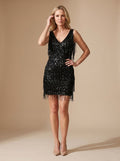 Women's Sequin Fringe V-Neck Sleeveless Christmas Party Mini Dress - Black
