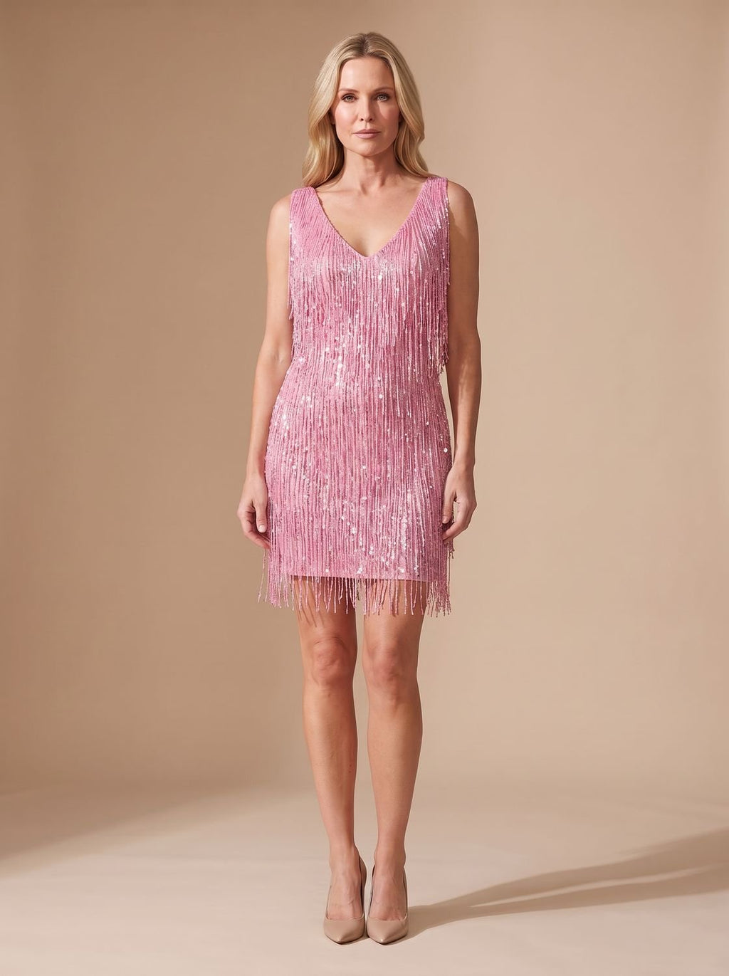 Women's Sequin Fringe V-Neck Sleeveless Christmas Party Mini Dress - Pink